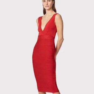 Herve Leger  Icon V-Neck Bodycon Dress Lipstick Red